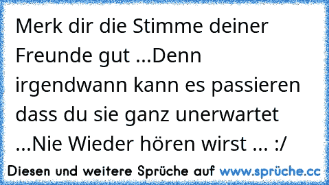 Merk dir die Stimme deiner Freunde gut ...
Denn irgendwann kann es passieren dass du sie ganz unerwartet ...
Nie Wieder hören wirst ... :/ 