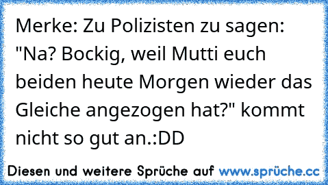 Merke: Zu Polizisten zu sagen: "Na? Bockig, weil Mutti euch beiden heute Morgen wieder das Gleiche angezogen hat?" kommt nicht so gut an.
:DD