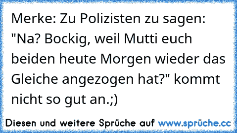 Merke: Zu Polizisten zu sagen: "Na? Bockig, weil Mutti euch beiden heute Morgen wieder das Gleiche angezogen hat?" kommt nicht so gut an.	;)