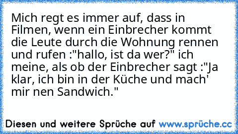 Mich regt es immer auf, dass in Filmen, wenn ein Einbrecher kommt die Leute durch die Wohnung rennen und rufen :"hallo, ist da wer?" ich meine, als ob der Einbrecher sagt :"Ja klar, ich bin in der Küche und mach' mir nen Sandwich."