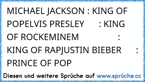 MICHAEL JACKSON : KING OF POP
ELVIS PRESLEY      : KING OF ROCK
EMINEM                : KING OF RAP
JUSTIN BIEBER      : PRINCE OF POP