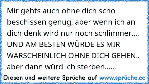 Mir gehts auch ohne dich scho beschissen genug, aber wenn ich an dich denk wird nur noch schlimmer.... UND AM BESTEN WÜRDE ES MIR WARSCHEINLICH OHNE DICH GEHEN.. aber dann würd ich sterben......