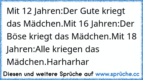 Mit 12 Jahren:
Der Gute kriegt das Mädchen.
Mit 16 Jahren:
Der Böse kriegt das Mädchen.
Mit 18 Jahren:
Alle kriegen das Mädchen.
Harharhar