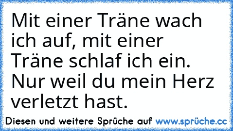 Mit einer Träne wach ich auf, mit einer Träne schlaf ich ein. Nur weil du mein Herz verletzt hast.