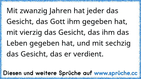 Mit zwanzig Jahren hat jeder das Gesicht, das Gott ihm gegeben hat, mit vierzig das Gesicht, das ihm das Leben gegeben hat, und mit sechzig das Gesicht, das er verdient.