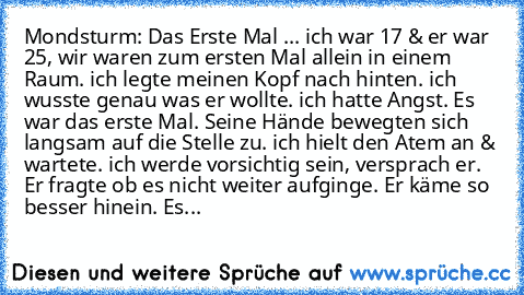 Mondsturm: Das Erste Mal ... ich war 17 & er war 25, wir waren zum ersten Mal allein in einem Raum. ich legte meinen Kopf nach hinten. ich wusste genau was er wollte. ich hatte Angst. Es war das erste Mal. Seine Hände bewegten sich langsam auf die Stelle zu. ich hielt den Atem an & wartete. ich werde vorsichtig sein, versprach er. Er fragte ob es nicht weiter aufginge. Er käme so besser hinein....