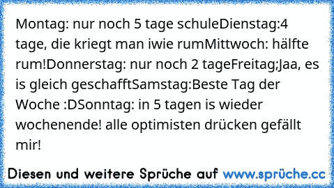 Montag: nur noch 5 tage schule
Dienstag:4 tage, die kriegt man iwie rum
Mittwoch: hälfte rum!
Donnerstag: nur noch 2 tage
Freitag;Jaa, es is gleich geschafft
Samstag:Beste Tag der Woche :D
Sonntag: in 5 tagen is wieder wochenende! 
alle optimisten drücken gefällt mir!