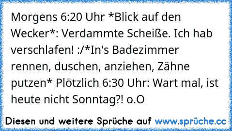 Morgens 6:20 Uhr *Blick auf den Wecker*: Verdammte Scheiße. Ich hab verschlafen! :/
*In's Badezimmer rennen, duschen, anziehen, Zähne putzen* Plötzlich 6:30 Uhr: Wart mal, ist heute nicht Sonntag?! o.O