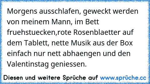 Morgens ausschlafen, geweckt werden von meinem Mann, im Bett fruehstuecken,rote Rosenblaetter auf dem Tablett, nette Musik aus der Box einfach nur nett abhaengen und den Valentinstag geniessen.