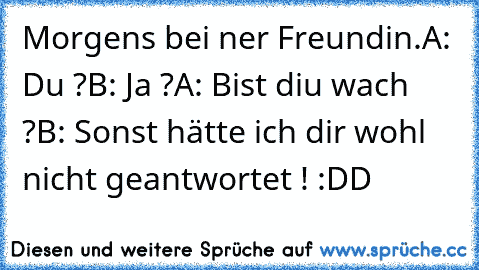 Morgens bei ner Freundin.
A: Du ?
B: Ja ?
A: Bist diu wach ?
B: Sonst hätte ich dir wohl nicht geantwortet ! 
:DD