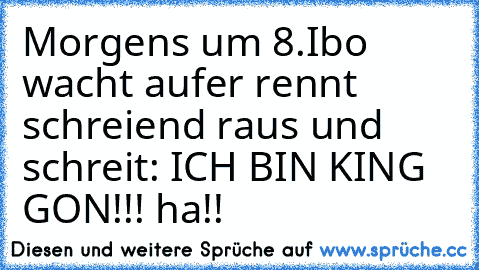 Morgens um 8´.
Ibo wacht auf
er rennt schreiend raus und schreit: ICH BIN KING GON!!! ha!!