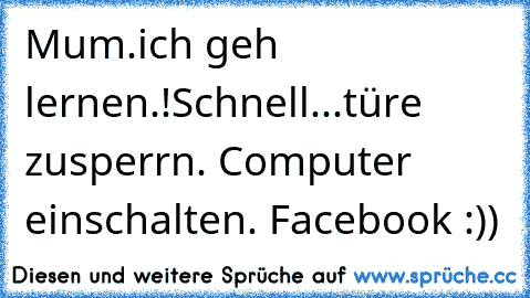 Mum.ich geh lernen.!
Schnell...türe zusperrn. Computer einschalten. Facebook :))