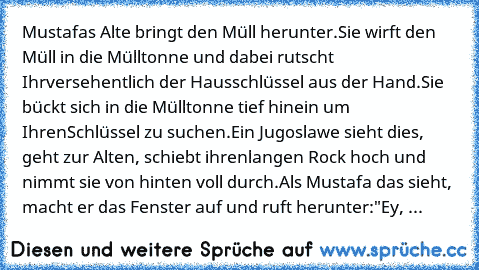 Mustafas Alte bringt den Müll herunter.
Sie wirft den Müll in die Mülltonne und dabei rutscht Ihr
versehentlich der Hausschlüssel aus der Hand.
Sie bückt sich in die Mülltonne tief hinein um Ihren
Schlüssel zu suchen.
Ein Jugoslawe sieht dies, geht zur Alten, schiebt ihren
langen Rock hoch und nimmt sie von hinten voll durch.
Als Mustafa das sieht, macht er das Fenster auf und ruft herunter:
"Ey, ...