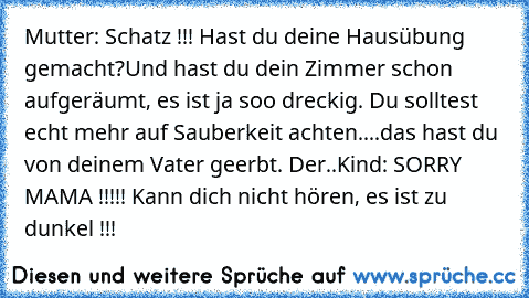 Mutter: Schatz !!! Hast du deine Hausübung gemacht?
Und hast du dein Zimmer schon aufgeräumt, es ist ja soo dreckig. Du solltest echt mehr auf Sauberkeit achten....das hast du von deinem Vater geerbt. Der..
Kind: SORRY MAMA !!!!! Kann dich nicht hören, es ist zu dunkel !!!