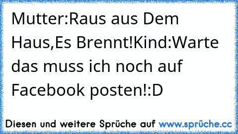 Mutter:Raus aus Dem Haus,Es Brennt!
Kind:Warte das muss ich noch auf Facebook posten!
:D