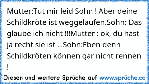 Mutter:Tut mir leid Sohn ! Aber deine Schildkröte ist weggelaufen.
Sohn: Das glaube ich nicht !!!
Mutter : ok, du hast ja recht sie ist ...
Sohn:Eben denn Schildkröten können gar nicht rennen !