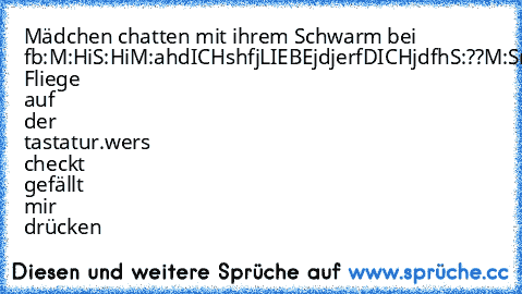 Mädchen chatten mit ihrem Schwarm bei fb:
M:Hi
S:Hi
M:ahdICHshfjLIEBEjdjerfDICHjdfh
S:??
M:Sry Fliege auf der tastatur.
wers checkt gefällt mir drücken