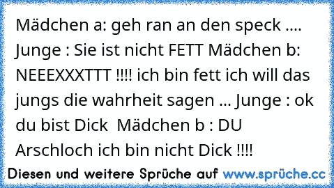 Mädchen a: geh ran an den speck .... Junge : Sie ist nicht FETT Mädchen b: NEEEXXXTTT !!!! ich bin fett ich will das jungs die wahrheit sagen ... Junge : ok du bist Dick  Mädchen b : DU Arschloch ich bin nicht Dick !!!!