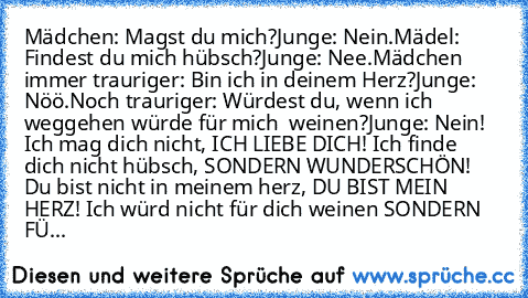 Mädchen: Magst du mich?
Junge: Nein.
Mädel: Findest du mich hübsch?
Junge: Nee.
Mädchen immer trauriger: Bin ich in deinem Herz?
Junge: Nöö.
Noch trauriger: Würdest du, wenn ich weggehen würde für mich  weinen?
Junge: Nein! Ich mag dich nicht, ICH LIEBE DICH! Ich finde dich nicht hübsch, SONDERN WUNDERSCHÖN! Du bist nicht in meinem herz, DU BIST MEIN HERZ! Ich würd nicht für dich weinen SONDERN...