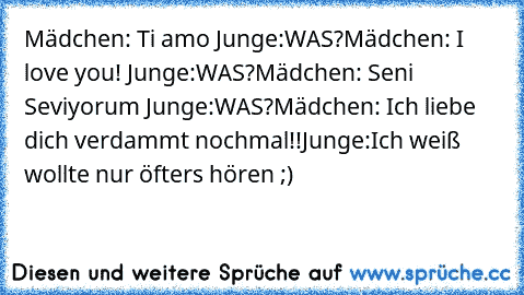 Mädchen: Ti amo ♥
Junge:WAS?
Mädchen: I love you! ♥
Junge:WAS?
Mädchen: Seni Seviyorum ♥
Junge:WAS?
Mädchen: Ich liebe dich verdammt nochmal!!
Junge:Ich weiß wollte nur öfters hören ;)