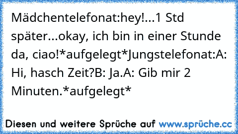 Mädchentelefonat:
hey!
...
1 Std später
...
okay, ich bin in einer Stunde da, ciao!
*aufgelegt*
Jungstelefonat:
A: Hi, hasch Zeit?
B: Ja.
A: Gib mir 2 Minuten.
*aufgelegt*