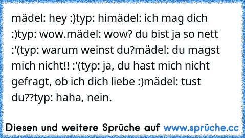 mädel: hey :)
typ: hi
mädel: ich mag dich :)
typ: wow.
mädel: wow? du bist ja so nett :'(
typ: warum weinst du?
mädel: du magst mich nicht!! :'(
typ: ja, du hast mich nicht gefragt, ob ich dich liebe :)
mädel: tust du??
typ: haha, nein.