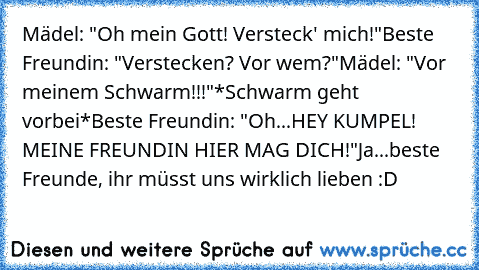 Mädel: "Oh mein Gott! Versteck' mich!"
Beste Freundin: "Verstecken? Vor wem?"
Mädel: "Vor meinem Schwarm!!!"
*Schwarm geht vorbei*
Beste Freundin: "Oh...HEY KUMPEL! MEINE FREUNDIN HIER MAG DICH!"
Ja...beste Freunde, ihr müsst uns wirklich lieben :D