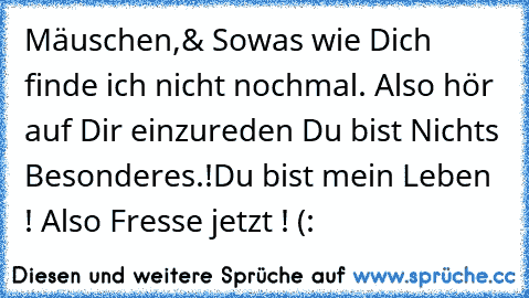 Mäuschen,& Sowas wie Dich finde ich nicht nochmal. Also hör auf Dir einzureden Du bist Nichts Besonderes.!
Du bist mein Leben ! Also Fresse jetzt ! (: