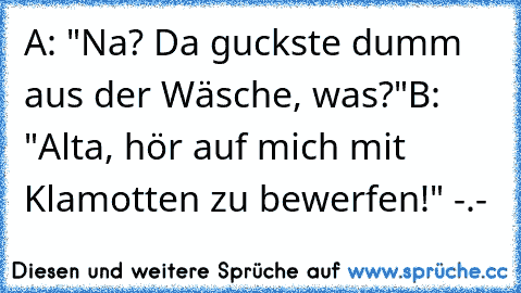 A: "Na? Da guckste dumm aus der Wäsche, was?"
B: "Alta, hör auf mich mit Klamotten zu bewerfen!" -.-