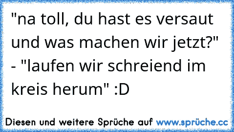 "na toll, du hast es versaut und was machen wir jetzt?" - "laufen wir schreiend im kreis herum" :D