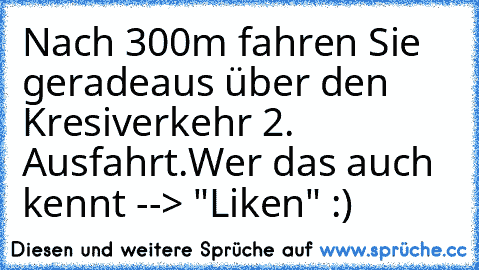 Nach 300m fahren Sie geradeaus über den Kresiverkehr 2. Ausfahrt.
Wer das auch kennt --> "Liken" :)