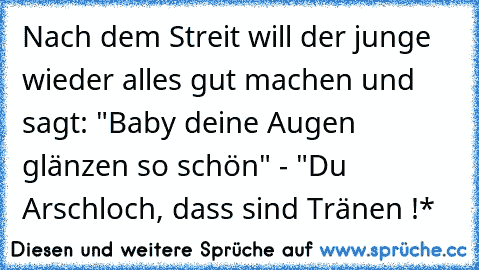 Nach dem Streit will der junge wieder alles gut machen und sagt: "Baby deine Augen glänzen so schön" - "Du Arschloch, dass sind Tränen !* 