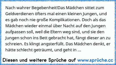 Nach wahrer Begebenheit!
Das Mädchen sittet zum Geldverdienen öfters mal einen kleinen Jungen, und es gab noch nie große Komplikationen. Doch als das Mädchen wieder einmal über Nacht auf den Jungen aufpassen soll, weil die Eltern weg sind, und sie den Jungen schon ins Bett gebracht hat, fängt dieser an zu schreien. Es klingt angsterfüllt. Das Mädchen denkt, er hätte schlecht geträumt, und geht ...