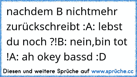 nachdem B nichtmehr zurückschreibt :
A: lebst du noch ?!
B: nein,bin tot !
A: ah okey bassd :D