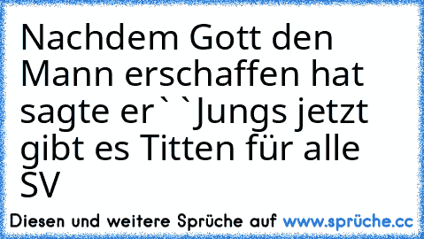 Nachdem Gott den Mann erschaffen hat sagte er
``Jungs jetzt gibt es Titten für alle ´´
S
V