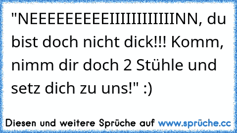 "NEEEEEEEEEIIIIIIIIIIIINN, du bist doch nicht dick!!! Komm, nimm dir doch 2 Stühle und setz dich zu uns!" :)