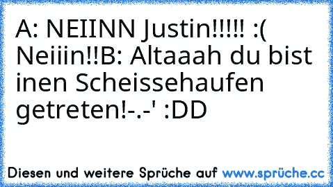 A: NEIINN Justin!!!!! :(  Neiiin!!
B: Altaaah du bist inen Scheissehaufen getreten!
-.-' :DD