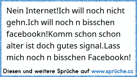 Nein Internet!
Ich will noch nicht gehn.
Ich will noch n bisschen facebookn!
Komm schon schon alter ist doch gutes signal.
Lass mich noch n bisschen Facebookn!