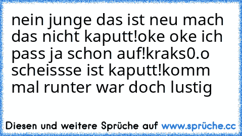 nein junge das ist neu mach das nicht kaputt!
oke oke ich pass ja schon auf!
kraks0.o scheissse ist kaputt!
komm mal runter war doch lustig