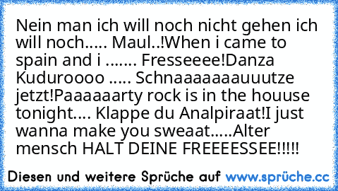 Nein man ich will noch nicht gehen ich will noch..... Maul..!
When i came to spain and i ....... Fresseeee!
Danza Kuduroooo ..... Schnaaaaaaauuutze jetzt!
Paaaaaarty rock is in the houuse tonight.... Klappe du Analpiraat!
I just wanna make you sweaat.....Alter mensch HALT DEINE FREEEESSEE!!!!!