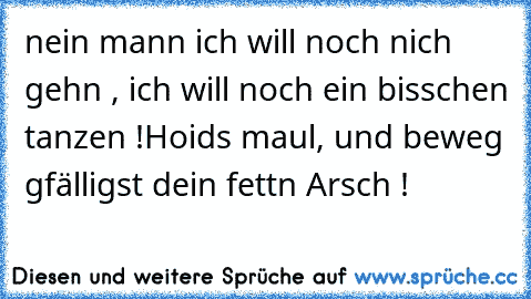 nein mann ich will noch nich gehn , ich will noch ein bisschen tanzen !
Hoids maul, und beweg gfälligst dein fettn Arsch !