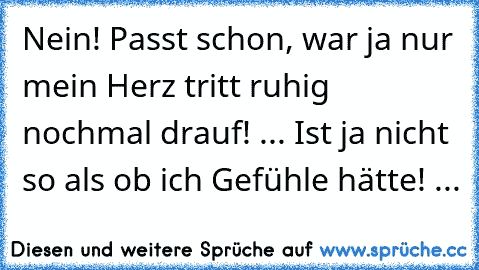 Nein! Passt schon, war ja nur mein Herz tritt ruhig nochmal drauf! ... Ist ja nicht so als ob ich Gefühle hätte! ...