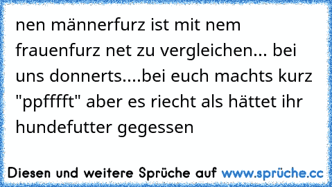 nen männerfurz ist mit nem frauenfurz net zu vergleichen... bei uns donnerts....bei euch machts kurz "ppfffft" aber es riecht als hättet ihr hundefutter gegessen