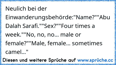 Neulich bei der Einwanderungsbehörde:
"Name?"
"Abu Dalah Sarafi."
"Sex?"
"Four times a week."
"No, no, no... male or female?"
"Male, female... sometimes camel..."