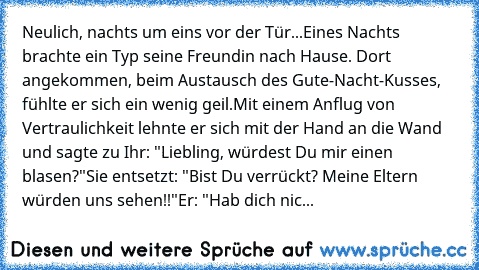 Neulich, nachts um eins vor der Tür...
Eines Nachts brachte ein Typ seine Freundin nach Hause. Dort angekommen, beim Austausch des Gute-Nacht-Kusses, fühlte er sich ein wenig geil.
Mit einem Anflug von Vertraulichkeit lehnte er sich mit der Hand an die Wand und sagte zu Ihr: "Liebling, würdest Du mir einen blasen?"
Sie entsetzt: "Bist Du verrückt? Meine Eltern würden uns sehen!!"
Er: "Hab dich ...