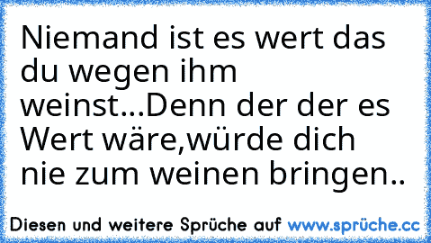 Niemand ist es wert das du wegen ihm weinst...
Denn der der es Wert wäre,würde dich nie zum weinen bringen..