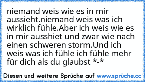 niemand weis wie es in mir aussieht.
niemand weis was ich wirklich fühle.
Aber ich weis wie es in mir ausshiet und zwar wie nach einen schweren storm.
Und ich weis was ich fühle ich fühle mehr für dich als du glaubst *-* ♥