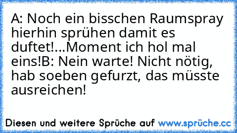 A: Noch ein bisschen Raumspray hierhin sprühen damit es duftet!...Moment ich hol mal eins!
B: Nein warte! Nicht nötig, hab soeben gefurzt, das müsste ausreichen!