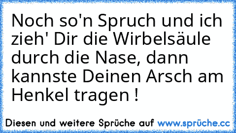 Noch so'n Spruch und ich zieh' Dir die Wirbelsäule durch die Nase, dann kannste Deinen Arsch am Henkel tragen !