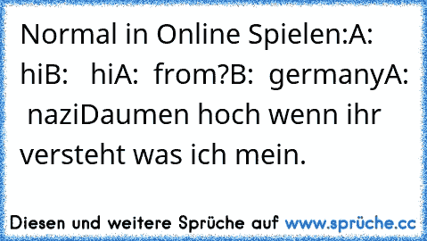 Normal in Online Spielen:
A:   hi
B:   hi
A:  from?
B:  germany
A:  nazi
Daumen hoch wenn ihr versteht was ich mein.